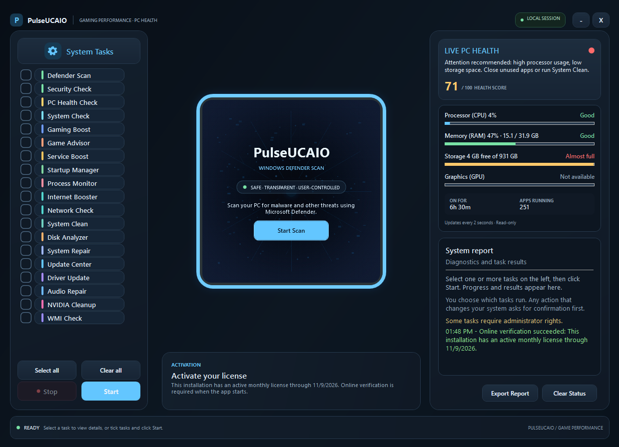 PulseUCAIO main window showing the system task list, live PC health panel and system report